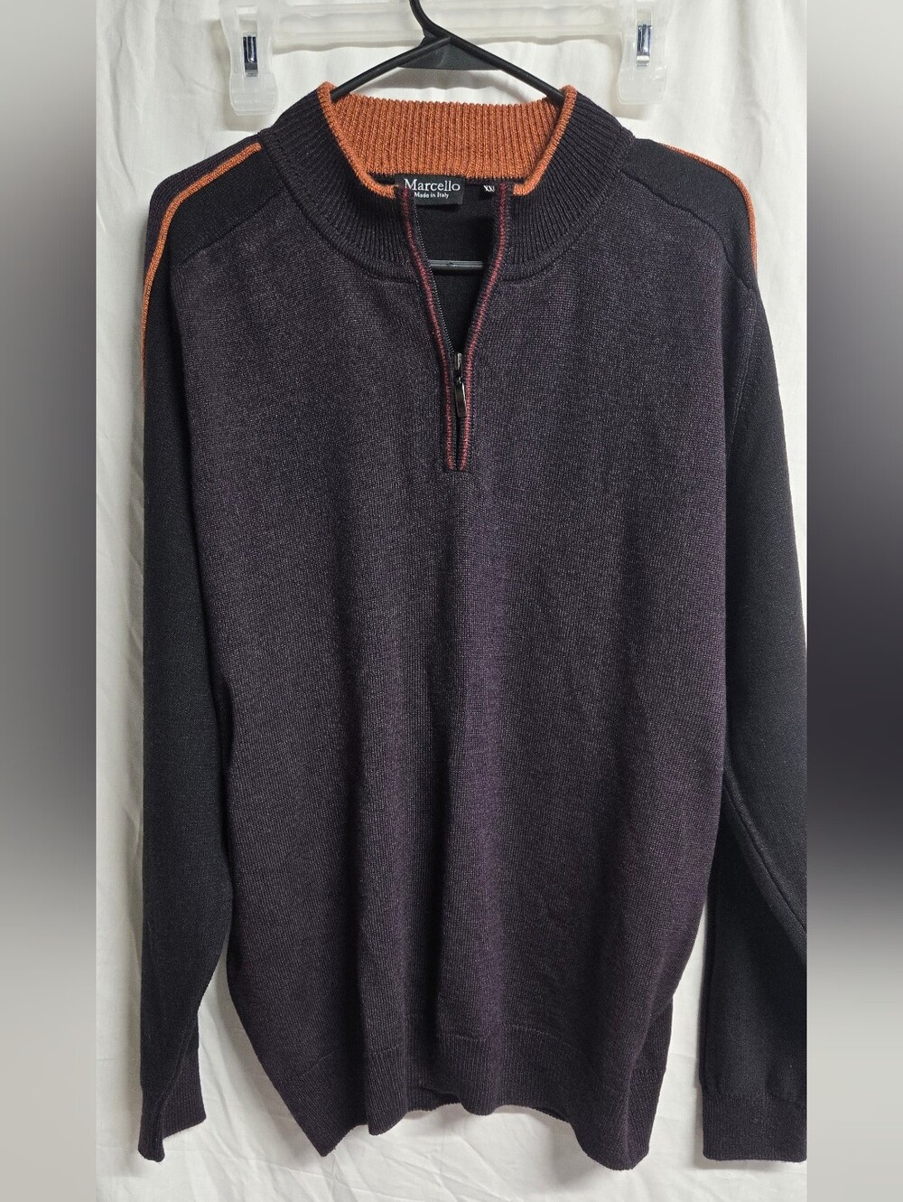 Mens XXL Merino Wool Blend 1/4 Zip Sweater Navy Orange Pullover
